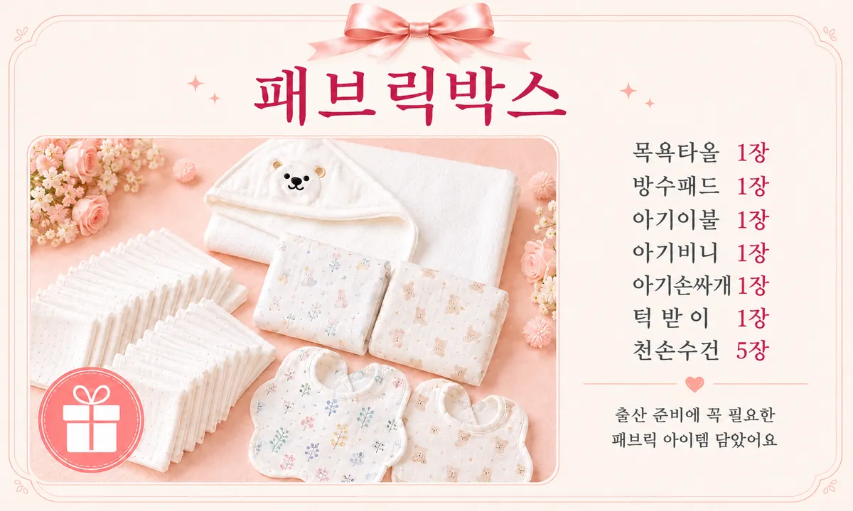 패브릭박스 — 목욕타올·방수패드·아기이불·아기비니·아기손싸개·턱받이·천손수건 등 출산 준비 패브릭 아이템 구성